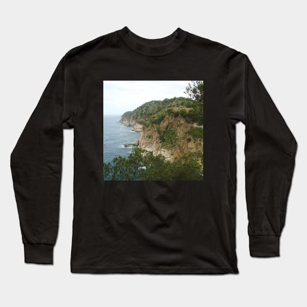 View from the Spanish mountain Spain sightseeing trip photography from city scape Barcelona Blanes Malgrat del Mar Santa Susuana Long Sleeve T-Shirt by BoogieCreates